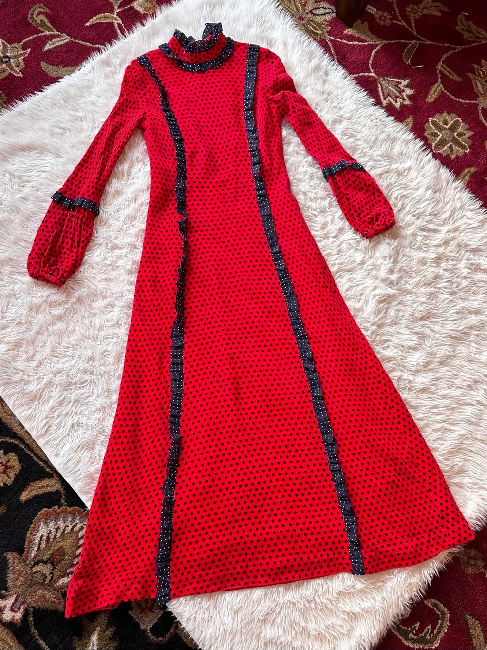 Vintage California Calliope red and navy polka dot maxi dress. Small?